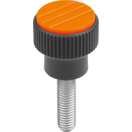Kipp Knurled Knob Size:1 D=M06X30, D1=21, H=22, Plastic Black Ral7021, Comp:Stainless, Cap:Orange Ral K0247.01061X30